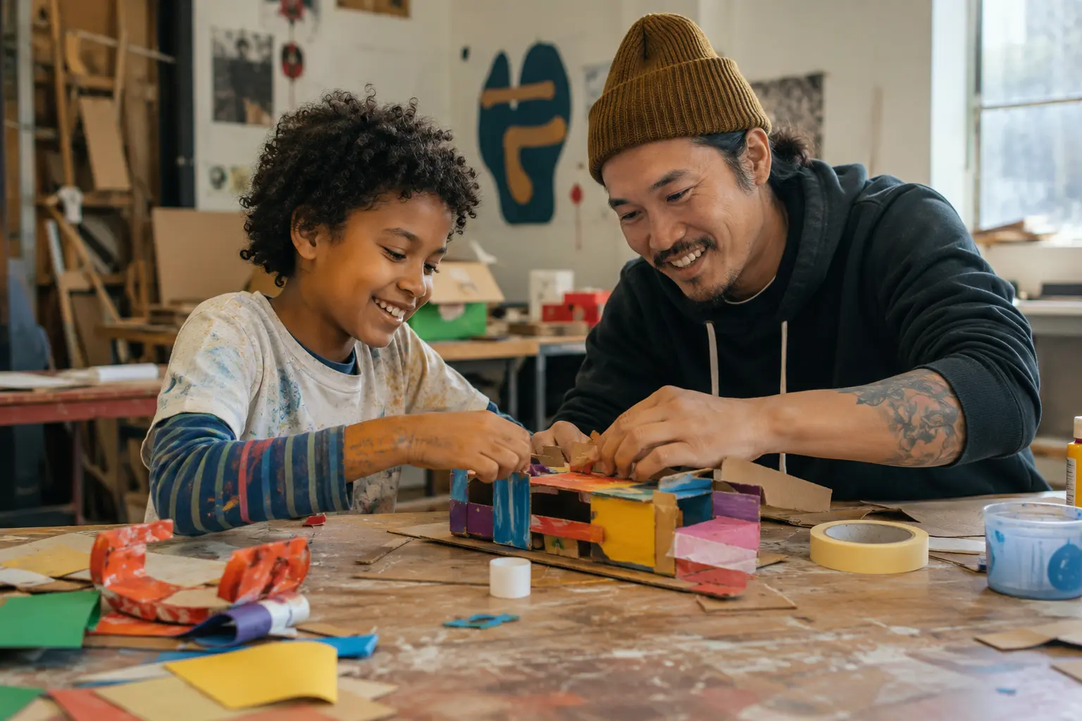 A child and trusted adult building a colorful cardboard project together