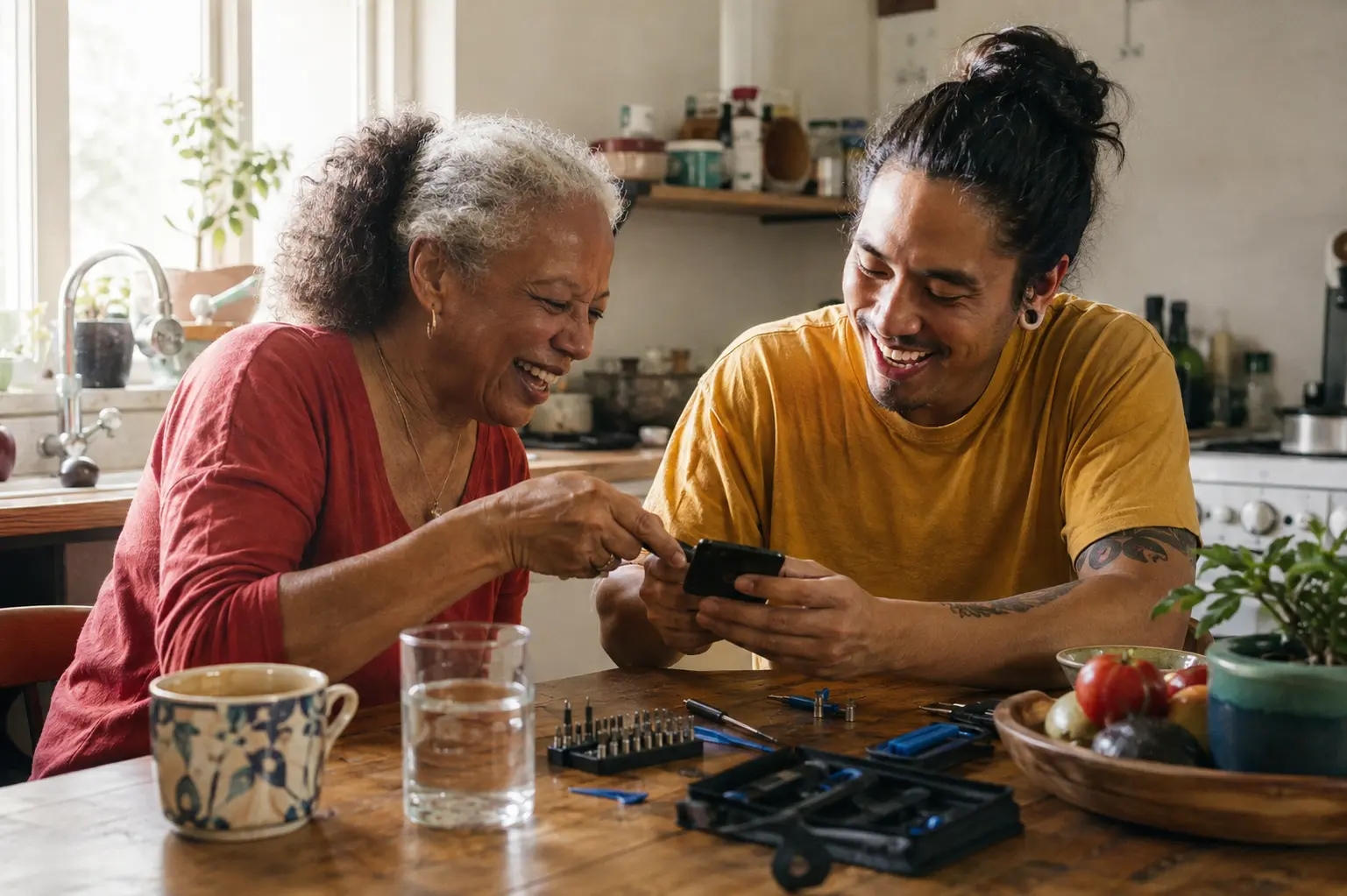An older woman and younger man laughing together while looking at a phone