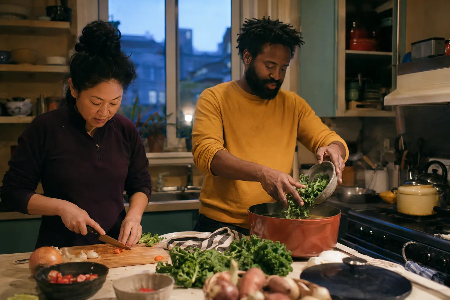 Two people preparing a meal together in a warm kitchen